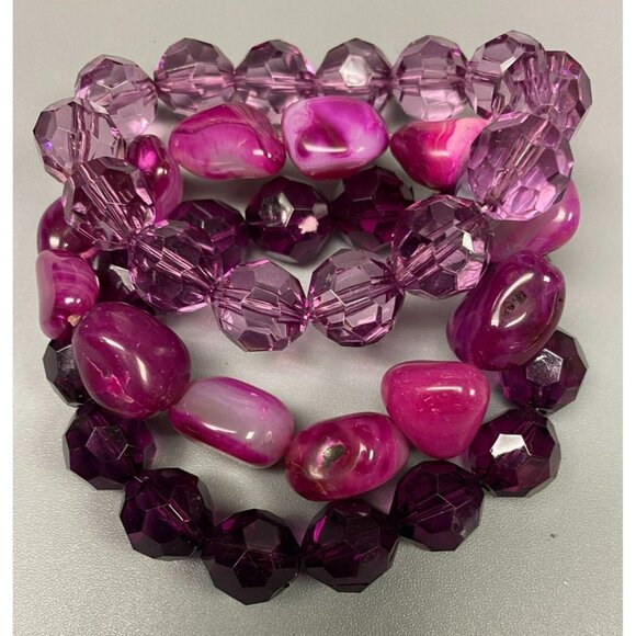 Vintage Two Purple Faceted Lucite and One Pink Fuscia Stone Agate Beaded Stretch - Picture 1 of 6